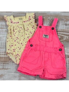 OshKosh B'gosh Hot Pink/Coral Overalls with Yellow Flowered Bodysuit